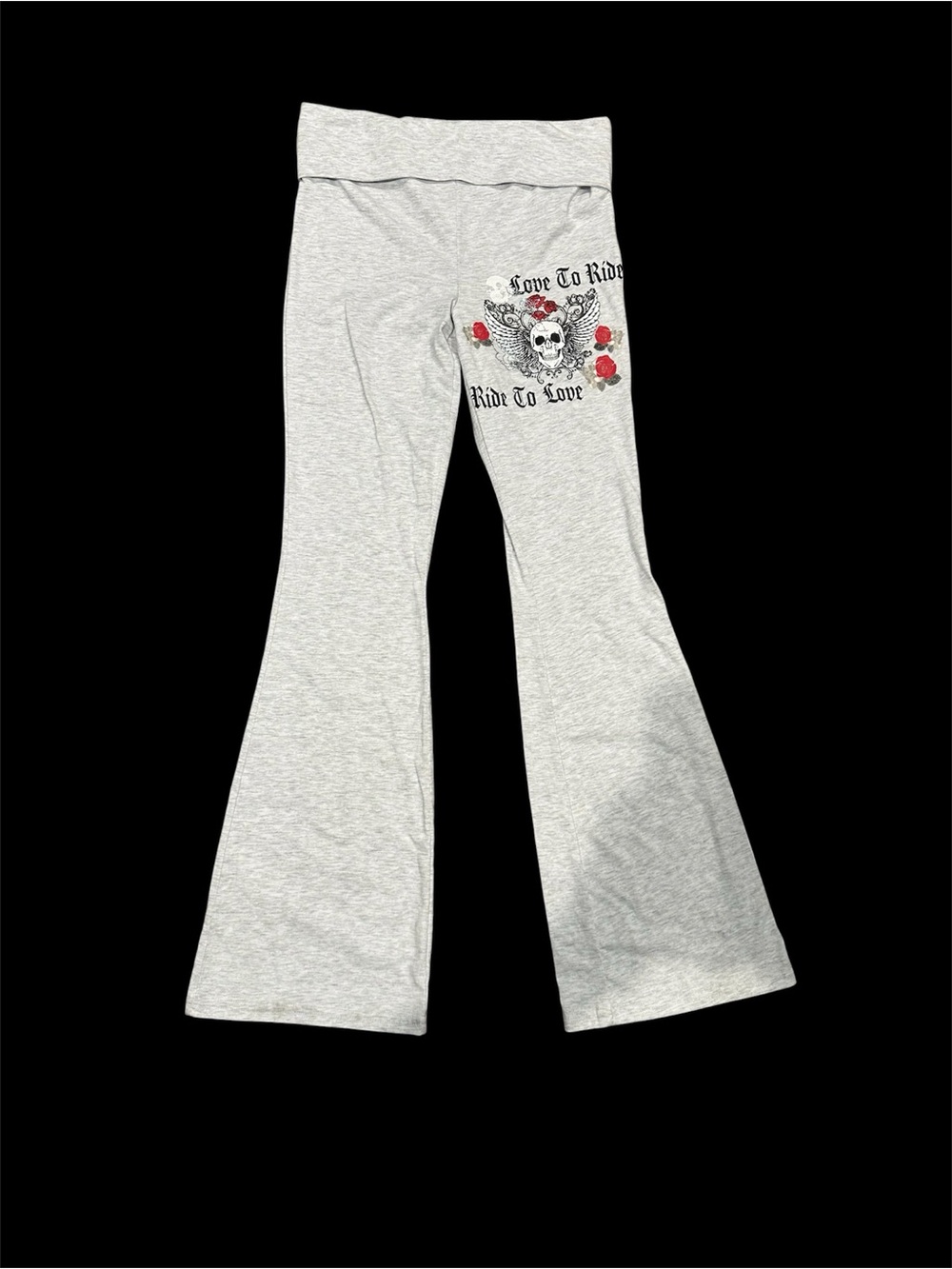 Urban Outfitters Heather Gray Flare Pants with Skull & Red Rose Detail